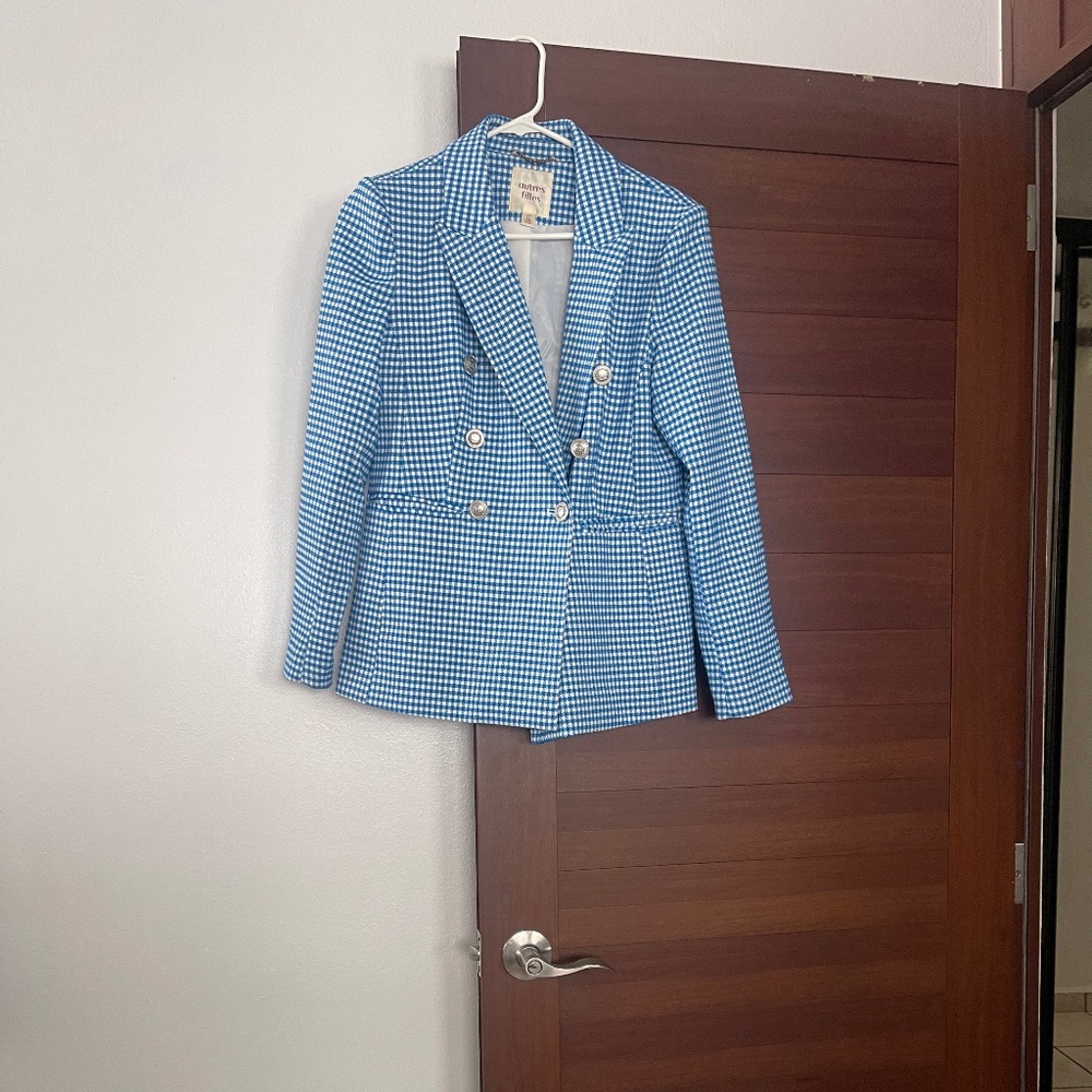 Double Breasted Gingham Blue Blazer - image 1